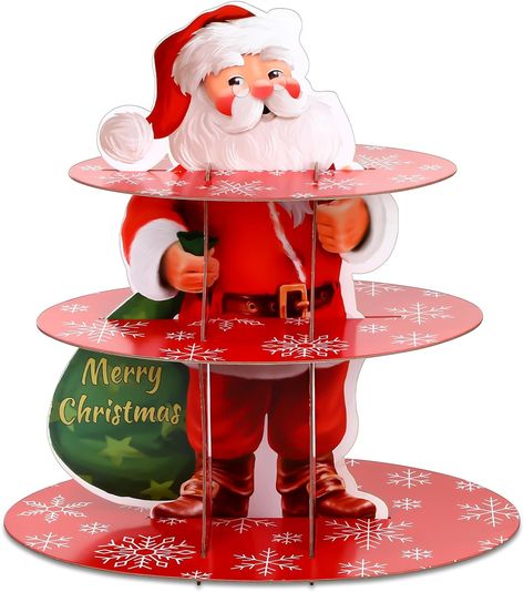 Package Include: you will get 1 piece of 3 tier Christmas cupcake stand, measuring approx. 16.54 inches in height; The large tier measures approx. 16.14 inches in diameter, the middle tier is about 13.78 inches in diameter and the small tier is about 11.81 inches in diameter, with enough space to hold cupcakes, cookies, ice creams, desserts, etc., proper size make this cupcake holder become a shiny party supply for the Christmas party Santa Claus Cake, Christmas Cake Stand, Christmas Cardboard, Winter Birthday Party, Dessert Holder, Xmas Desserts, Winter Birthday Parties, Christmas Cupcake, Cupcake Holder