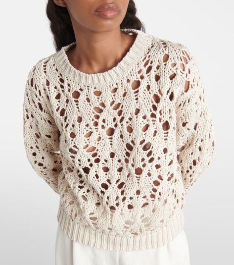 Cotton sweater in white - Brunello Cucinelli | Mytheresa Knitwear Inspiration, Crochet Knit Stitches, Knitting Paterns, Crochet Hat Free, Spring Knits, Lace Knitting Patterns, Crochet Hats Free Pattern, Loose Knit Sweaters, Knitwear Fashion