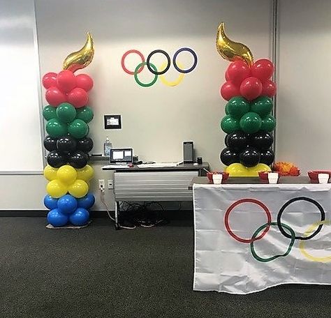 Olympics Balloon Arch, Olympic Balloon Arch, Olympic Theme Party Decorations, Cathletics Vbs, Swim Party Decorations, Beer Olympics Party, Olympic Party Decorations, Balloon Table Decorations, Pjs Party