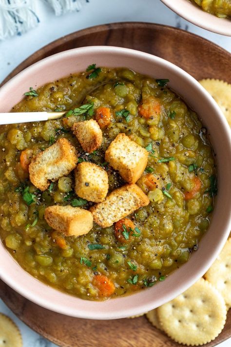 Vegan Split Pea Soup | Food with Feeling Artichoke Cups, Green Split Pea Soup, Vegan Split Pea, Split Pea Soup Crockpot, Vegetarian Split Pea Soup, Vegan Split Pea Soup, Pea Soup Recipe, Split Pea Soup Recipe, Split Pea Soup