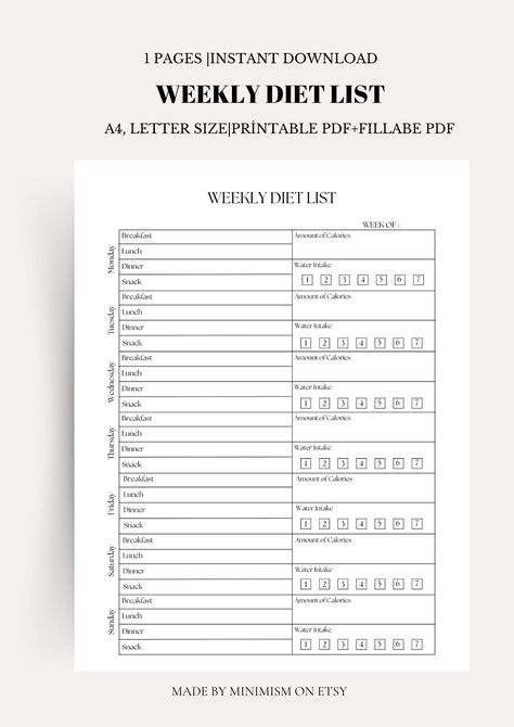 A4 Daily Meal Planner & Diet Journal - Calorie Tracker, Food Diary & Meal Organizer Boost your health and wellness journey with our A4 Daily Meal Planner & Diet Journal. This printable planner is designed to help you easily organize your meals, track calories, and stay on top of your nutrition. Perfect for those following a diet plan or anyone looking to live a healthier lifestyle. With dedicated sections for meal planning, food logging, and calorie tracking, you can efficiently manage your daily meals and make informed, healthy choices. Ideal for  anyone looking to improve their eating habits. Print at home and start organizing your meals today! Features: A4 format for easy printing Daily meal planning sections for breakfast, lunch, and dinner Calorie tracker to monitor your intake Calorie Tracking, Track Calories, Daily Meal Planner, Food Log, Recipe Organization, Wellness Journey, Food Diary, Healthy Living Lifestyle, Healthier Lifestyle