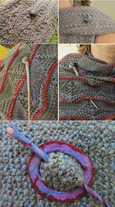 A New Obsession: DIY Shawl Pins - tutorials to make your own Scarf Pins Diy, Diy Shawl, Beaded Shawl, Scarf Pins, Pins Diy, Sweater Pin, Diy Polymer Clay, Knit Shrug, Shawl Pin