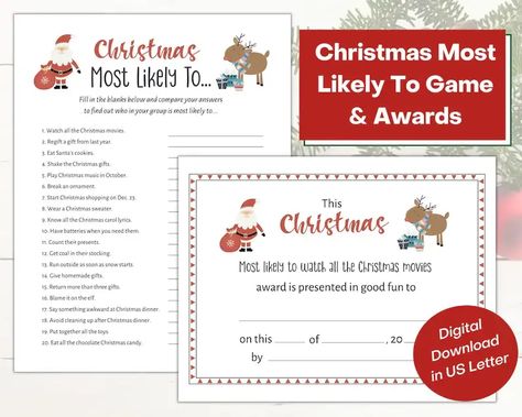 Christmas Most Likely To Game Printable with Awards | Funny Christmas Game | Holiday Game | Adult Christmas Party Game | Office Party Game Office Party Game, Christmas Carols Lyrics, Christmas Party Games For Adults, Funny Christmas Games, Family Printables, Game Office, Office Party Games, Adult Christmas Party, Winter Activities For Kids