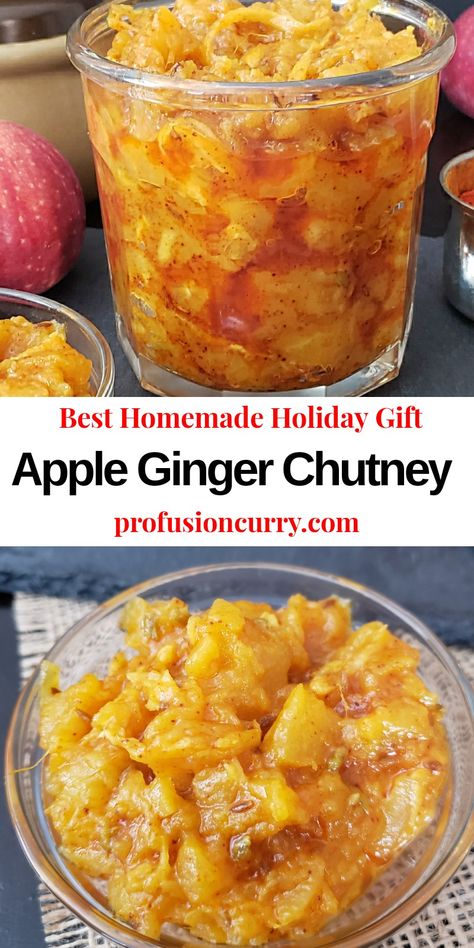 Apple Ginger Chutney is sweet, sour, savory and tangy condiment. This chutney recipe is easy to prepare in under 30 minutes. Pack it in cute mason jar and use it as a homemade gift this holiday season. #relish #apple #chutney #holidaygift Ginger Chutney Recipe, Apple Chutney Recipe, Ginger Chutney, Apple Chutney, Relish Recipes, Chutney Recipe, Jam And Jelly, Chutney Recipes, Vegan And Gluten Free