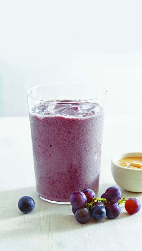 Peanut Butter & Grape Smoothie | Frances Largeman-Roth Grape Smoothie, Frozen Grapes, Yummy Smoothies, Protein Smoothie, Frozen Banana, Creamy Peanut Butter, Flax Seed, Peanut, Peanut Butter