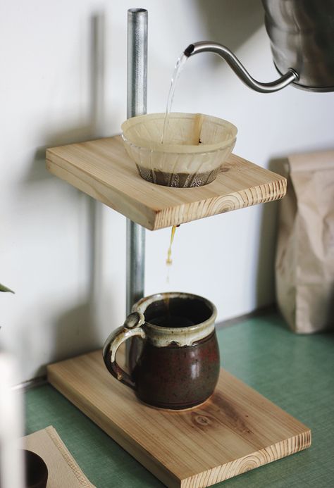 DIY Pour Over Coffee Stand @themerrythought - not sure I like the raw conduit, but I'm sure that other options are available; the same is definitely true for the wood as well; a nice dark stain would serve this well Diy Pour Over Coffee, Pour Over Coffee Stand, Coffee Pour Over Stand, Drip Coffee Stand, Gifts Baskets, Coffee Stand, Diy Side Table, Pour Over Coffee Maker, Coffee Stands