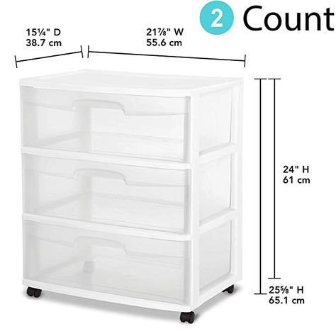 Amazon.com: Sterilite 29308001 Wide 3 Drawer Cart, White Frame with Clear Drawers and Black Casters, 1-Pack: Gateway Clothes In Bedroom, Clear Drawers, Plastic Storage Drawers, Drawer Cart, Stationary Storage, Organization Cart, 3 Drawer Storage, Closet Drawers, Rolling Storage