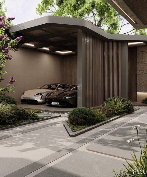 Villas Landscape Design, Villa Garage Design, Landscape Parking Design, Villa House Design Dream Homes, Vila Landscape, Home Parking Area Ideas, Luxury Villa Design Exterior, Parking Design Ideas, Landscape Design Residential