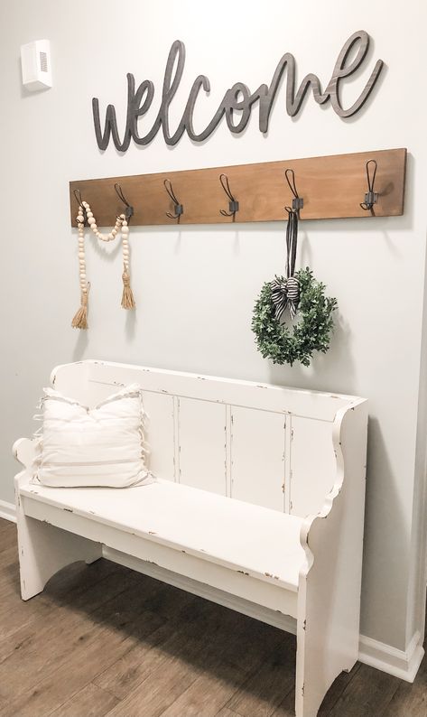 Pew In Entryway, Diy Entryway Bench With Back, Welcome Bench Entryway, Wall Decor Over Bench, Wall Decor Above Bench, Front Porch Wreath Ideas, How To Decorate A Bench Entryway, Above Bench Wall Decor, Bench With Hooks Above