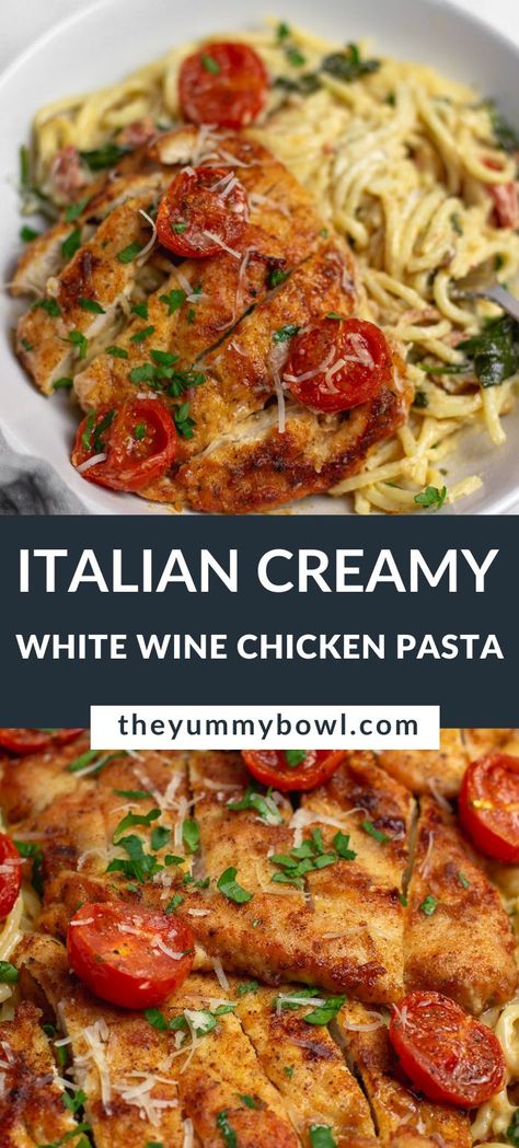 Italian Chicken Pasta in Creamy White Wine Parmesan Sauce is TO DIE FOR. It’s not only restaurant quality but also an easy one-pot pasta dish that everyone will love in your family. As soon as anyone tries it, they will want to make this recipe again and again and again… Light Italian Chicken Recipes, Easy White Wine Sauce, Italian Chicken Pasta In Creamy White Wine Parmesan Cheese Sauce, Wine Sauce Pasta Recipes, Dry White Wine Recipes, White Wine Pasta Sauce Chicken, Italian Pasta With Chicken, Recipes That Use White Wine, White Wine Sauce For Chicken