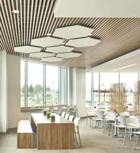 Wood Slats Ceiling Design, Net Ceiling Design, False Ceiling Design Restaurant, False Ceiling For Restaurants, Slatted Ceiling Design, Ceiling Designs For Restaurants, Hexagonal False Ceiling, Cafe False Ceiling Design, High Ceiling Bar Design