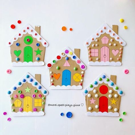 @merel.speelt.plays.gioca on Instagram: "♡ Craft Your Own Gingerbread House ♡ • Merel loved making these colourful cardboard gingerbread houses! ❤️🧡💛💚💙💜 ♥ draw (or print and glue) on cardboard a gingerbread house shape and cut out ♥ draw/print on coloured paper doors, windows, … and cut out ♥ present with craft gems, buttons, … ♥ let your toddler assemble the gingerbread house Very very soon you will be able to download the templates for all our drawings and crafts, so that you can craft ev Gingerbread House With Cardboard, Diy Cardboard Gingerbread House For Kids, How To Make Cardboard Gingerbread House, Gingerbread House Made Of Cardboard, Gingerbread House Crafts For Toddlers, Gingerbread House Preschool Craft, Gingerbread House Paper Craft, Gingerbread House Craft Preschool, Gingerbread Crafts Preschool