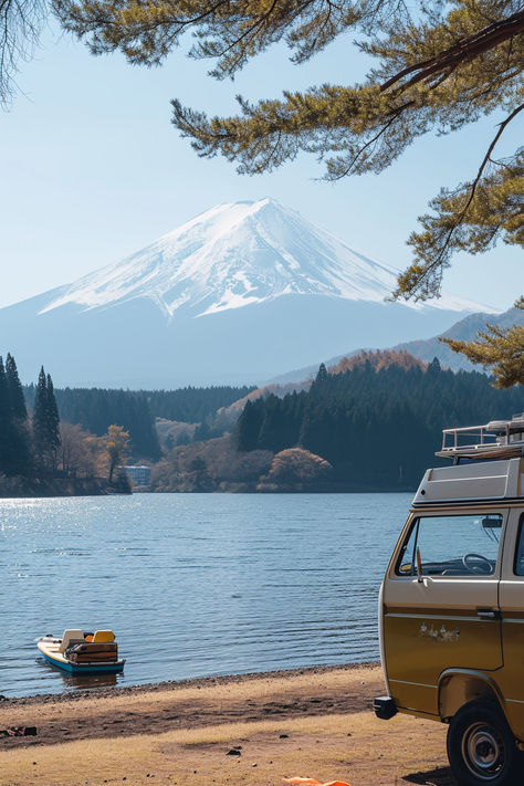 Mount Fuji, lakeside view, camper van, pedal boat, tranquil scenery, snow-capped mountain, travel Japan, iconic landscape, outdoor adventure, recreational vehicle, nature tourism, shimmering water, serene lake, autumn trees, Japanese beauty, camping trip, van life, majestic Fuji, clear skies. Japan Moodboard, Gunung Fuji, Living The Best Life, Pedal Boat, Fuji Mountain, History Project, Japanese Photography, Yamanashi, Scenic View