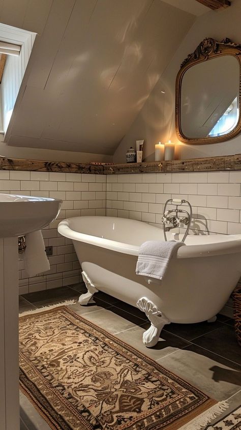 Vintage-style bathroom with white clawfoot bathtub, ornate mirror, classic sink, wooden floor, and skylight, showcasing timeless elegance and classic design elements. Vaulted Ceiling Bathroom Ideas, Victorian Bathtub, Victorian Bath, Vintage Style Bathroom, Bathroom Ceiling, Ornate Mirror, Vintage Bath, Clawfoot Bathtub, Wooden Flooring