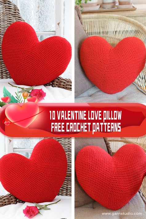 10 Valentine Love Pillow FREE Crochet Patterns - I Good Ideas Crochet Love Pillow Free Pattern, Crochet Valentine Pillow, Crocheted Heart Pillow, Crochet Heart Pillow Free Pattern, Red Yarn Crochet Ideas, Heart Pillow Crochet Pattern, Crochet Heart Pillow, Birthday Card Making, Crochet Valentine Patterns