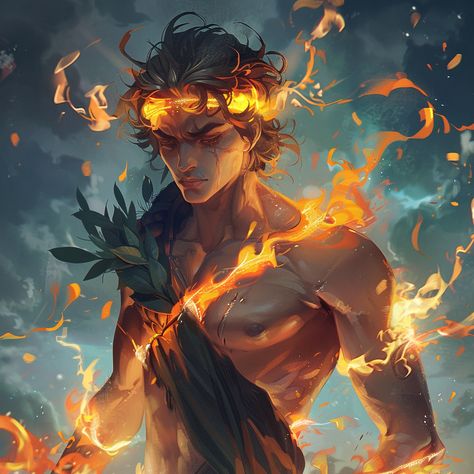 the God of Fire, ancient Greece, kawii anime style God Of Fire Fantasy Art, Fire God Art, Greek Fantasy Art, Survival Clothes, God Of Fire, Fire God, Fire Magic, Yellow Candles, Star Kids