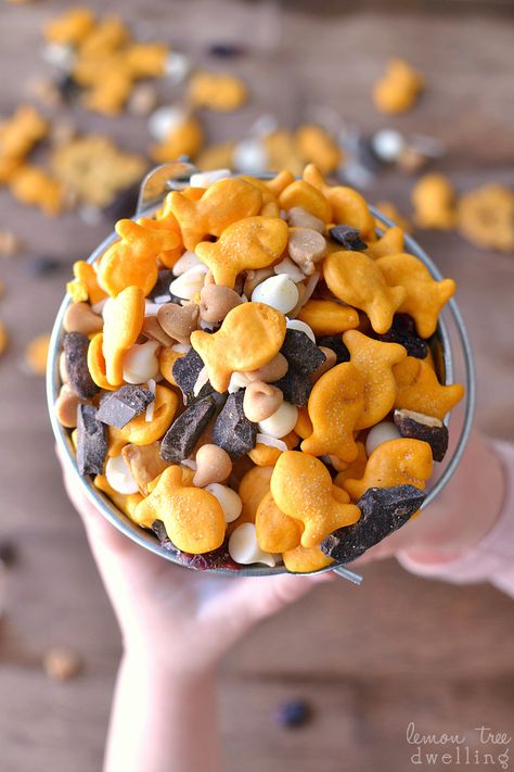 Creating moments with Goldfish Crackers - and a delicious idea for a snack mix! #GoldfishTales #ad Goldfish Snack Mix Recipes, Lemon Chex Mix, Goldfish Trail Mix Recipes, Lemon Chex, Party Mix With Goldfish, Kids Snack Mix, Trail Mix With Goldfish, Goldfish Snack, Homemade Trail Mix