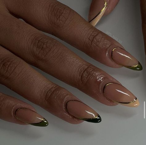 Simple Gold Nails, Olive Nails, 2023 Nails, Nails Inspired, Retro Nails, Acrylic Nail Set, Edgy Nails, Beige Nails, French Tip Acrylic Nails