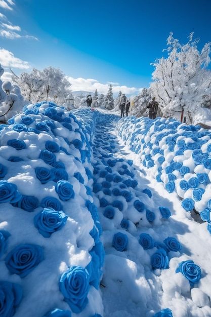 A snow covered path with blue roses in t... | Premium Photo #Freepik #photo #cold #winter-wonderland #winter-snow #winter Cold Blue Aesthetic, Light Blue Winter Aesthetic, Winter Flowers Aesthetic, Blue Aesthetic Winter, Roses In Snow, Snowy Flowers, Flowers In Snow, Icy Aesthetic, Frozen Roses