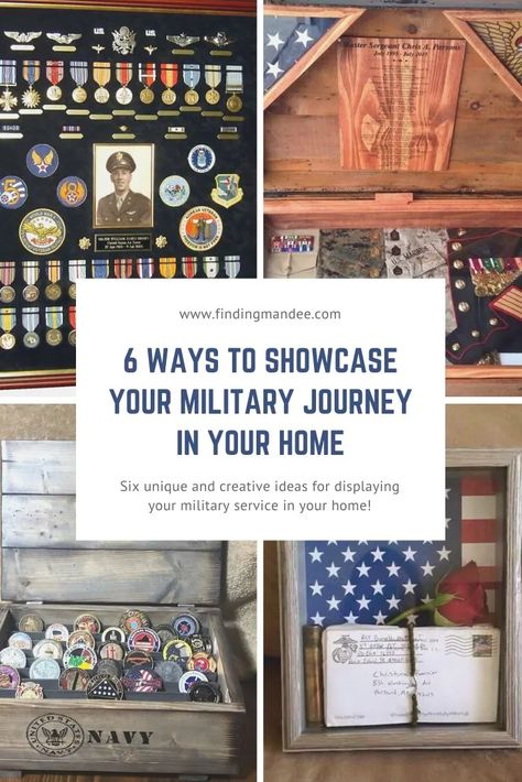 Ways to Showcase Your Military Journey in Your Home - Finding Mandee Military Wall Display, Awards Display Wall, Military Office Decor, Flag Display Ideas, Military Home Decor, Military Office, Patches Display, Military Shadow Box, Military Awards