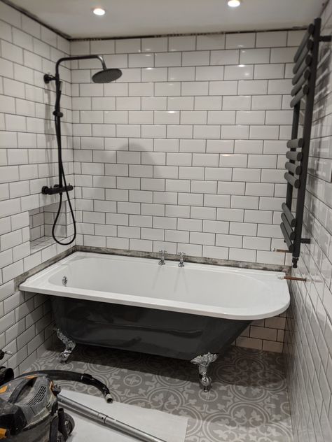 Rolltop Bath With Shower Over, Roll Top Shower Bath, Electric Shower Over Bath, Roll Top Bath With Shower Over, Rolltop Bath, Shower Over Freestanding Bath, Freestanding Bath With Shower Over, 1930s Bathroom Ideas, Bathroom Tub Remodel