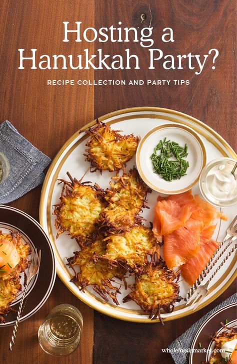 Hosting a Hanukkah Party? // Recipes and Entertaining // Whole Foods Market Hanukkah Party Food, Hanukah Menu, Hanukah Appetizers, Hannukah Recipes, Hanukkah Dinner, Jewish Holiday Recipes, Hanukkah Party, Jewish Cuisine, Hanukkah Food