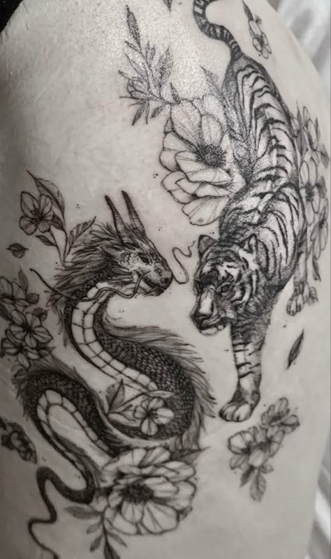 Dragon tiger tattoo, chinese yin yang Tiger And Dragon Tattoo For Women, Tiger Dragon Yin Yang Tattoo, Yin Yang Dragon Tiger, Tiger Dragon Tattoo Japanese Style, Tiger Chinese Zodiac Tattoo, Chinese Dragon Tattoos Thigh, Dragon And Tiger Tattoo Design, Chinese Tiger Tattoo For Women, Thigh Tiger Tattoo