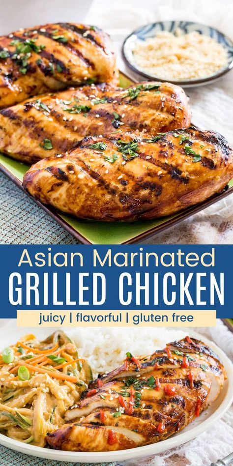 Looking for a show-stopping grilled chicken recipe? Our Asian Grilled Chicken is a winner! Juicy chicken breasts marinated in a mouthwatering blend of soy sauce, honey, lime, garlic, and ginger, resulting in a sweet and sticky glaze that will have you reaching for seconds. Best of all, one simple swap makes it gluten-free! Asian Grilled Chicken Recipes, Chicken Breast Marinade For The Grill, Gluten Free Chicken Breast Recipes, Chicken Marinade For The Grill, Asian Chicken Marinade, Asian Grilled Chicken, Asian Marinade For Chicken, Best Grilled Chicken Recipe, Lime Marinade For Chicken