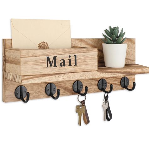 PRICES MAY VARY. 【HIGH QUALITY WOOD】The paulownia wood material makes the wall key holder stronger and more resistant than other wood boards. Each board has natural and unique wood grain. All these make the mail holder functional and beautiful. 【MORE THAN ENOUGH HOOKS】Mail key organizer is designed with five heavy duty metal hooks for more storage needs. The key hooks are large enough not only for keys but also for bags, coats and other larger items. 【ATTRACTIVE HOME DECOR】Artistic lettering pri Keys And Mail Holder Ideas, Keychain Holder Wall, Key Holder Design, Key Hooks Entryway, Key Holder Ideas, Mail Organization, Artistic Lettering, Unique Key Holder, Key And Mail Holder