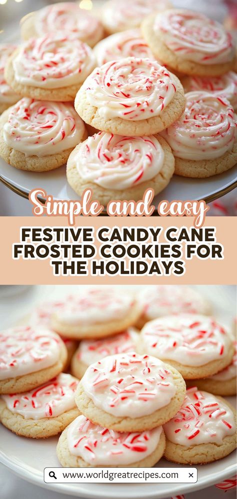 Embrace the holiday spirit with these delightful Candy Cane Frosted Cookies! Featuring a soft and chewy sugar cookie base, each cookie is topped with a creamy peppermint frosting and adorned with crushed candy canes. Perfect for Christmas parties or as sweet gifts, these festive treats not only look incredible but taste divine. Easy to make and sure to impress, this recipe will become a holiday favorite for family gatherings and celebrations. Bake up a batch and spread some cheer this season! Peppermint Desserts Christmas, Peppermint Christmas Cookies, Candy Cane Cookie Recipe, Chewy Sugar Cookie, Peppermint Frosting, Peppermint Cookie Recipe, Candy Cane Dessert, Candy Cane Recipe, Peppermint Dessert