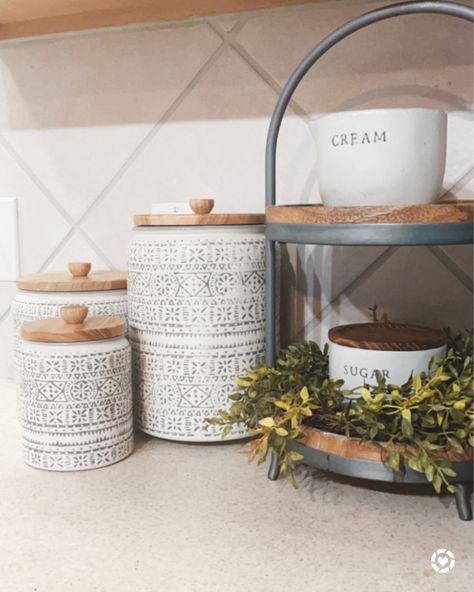 Flour Canister Ideas, Coffee Spoon Holder, Canisters For Kitchen Display, Flour And Sugar Containers On Counter, Coffee Canister Ideas, Keurig Coffee Station On Counter, Kitchen Canisters On Counter, Coffee Bar Canisters, Kitchen Counter Canisters