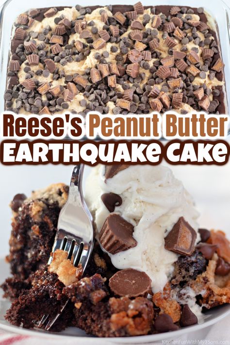 Reese’s Chocolate Peanut Butter Cup Earthquake Cake, Peanut Butter Cup Birthday Cake, Reese’s Pieces Cupcakes, Reeses Dessert Recipes, Reeses Cakes, Reese’s Cake, Chocolate And Peanut Butter Desserts, Chocolate Peanutbutter Cake, Peanut Butter Earthquake Cake