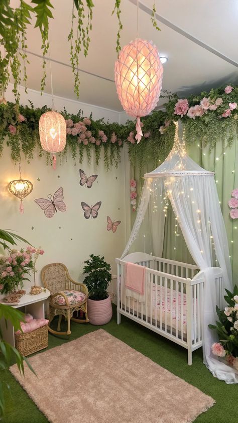 Disney Nursery Ideas Fairy Themed Nursery Girl, Bambi Nursery Ideas, Baby Girl Fairy Nursery, Garden Theme Nursery Girl, Tinker Bell Baby Shower Ideas, Secret Garden Nursery Theme, Ladybug Nursery Ideas, Garden Nursery Girl, Butterfly Theme Nursery