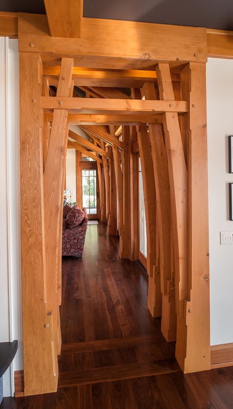 This Is Not Your Typical Timber-Frame Home - Mountain Living Faux Timber Frame Interior, Japanese Timber Frame, Timber Frame Home Interiors, Timber Frame Interior, Timber Frame Construction Detail, Timber Frame Cottage, Modern Timber Frame Homes, Timber Frame Garage, Modern Timber Frame