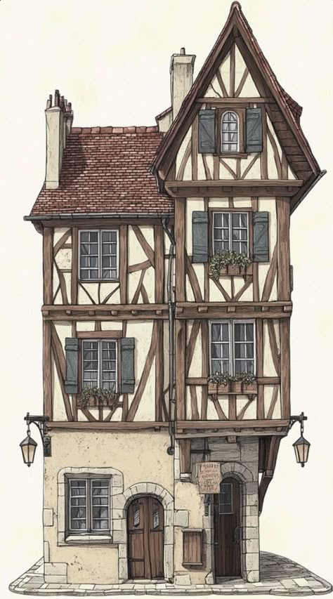 Early Medieval Architecture, Medieval French Village, Rustic House Concept Art, Buildings Reference Drawing, City Architecture Drawing, Medieval House Sketch, Dnd House Art, Colorful Buildings Painting, Medieval Buildings Architecture