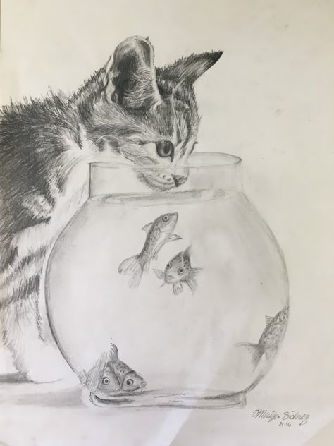 kitten and fishbowl sketch Fish Bowl Sketch, Fish Tank Sketch, Fishbowl Sketch, Fish Bowl Drawing, Fish Tank Drawing, Simple Pencil Drawings, Sketches Cat, Bowl Drawing, Yellow Notebook