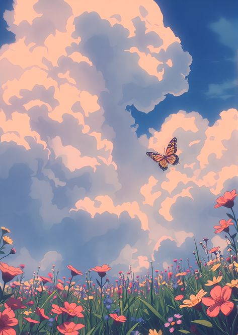 anime wallpaper, wallpaper hd, phone wallpaper, anime aesthetic, flowers field, beautiful clouds, anime landscape, background, studio ghibli, anime background, wallpaper aesthetic, wallpaper aesthetic vintage, wallpaper cute, anime scenery wallpaper, anime y2k, anime 90s aesthetic