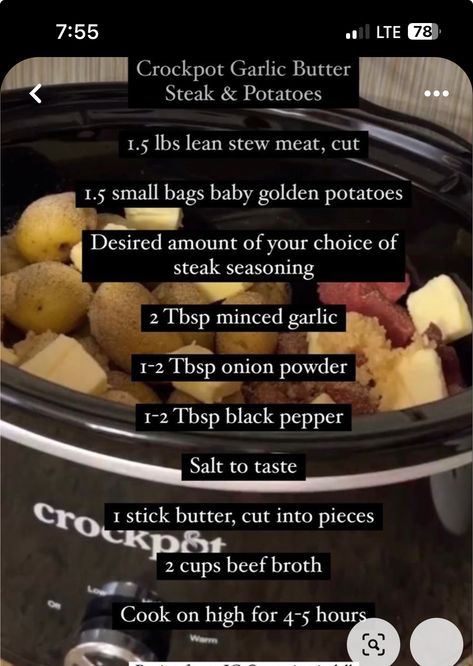 Slow Cooker Recipes Steak And Potatoes, Garlic Butter Steak And Potatoes Crock, Easy Crockpot Recipes Steak, Easy Crockpot Recipes 4 Hours, 9 Hour Crockpot Recipes Dinners, Butter Beef And Potatoes Crock Pot, Crockpot Garlic And Steak Potatoes, Lite Crockpot Meals, Garlic Beef And Potatoes Crock Pot