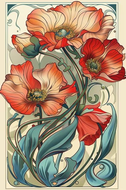 Nouveau Art Illustration, Art Nouveau Vs Art Deco, Art Nouveau Designs, Art Nouveau Flowers Illustration, Fiori Art Deco, Art Nouveau Design Pattern, Art Nouveau Poppy, Pinturas Art Deco, Art Nouveau Modern