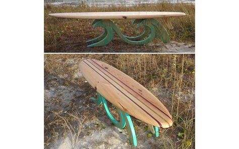 15 Awesome DIY Projects You Can Do With Your Old Sur... Decoration Surf, Surfboard Table, Deco Surf, Deco Nature, Surfboard Art, Surf House, Surf Art, City Furniture, Skis