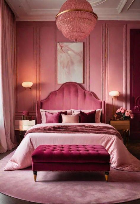 bedroom ideas | bedroom decor | bedroom furniture | bedroom wall decor | bedroom decor ideas  bedroom design bedrooms bedroom ideas for small rooms bedroom inspiration bedroom decoration bedroom inspirations bedroom inspo bedroom decorating ideas bedroom ideas for couples bedroom makeover bedroom decorating bedroom wall art bedroom light bedroom lighting bedroom ideas master bedroom idea bedroom idease bedroom art bedrooms decor Monochromatic Pink Bedroom, Luxury Bedroom Accent Wall, Pink Monochromatic Room, Pink Girly Room Decor, Deep Pink Bedroom, Grown Up Pink Bedroom, Monochromatic Room Interiors, Pink Luxury Bedroom, Girly Headboard