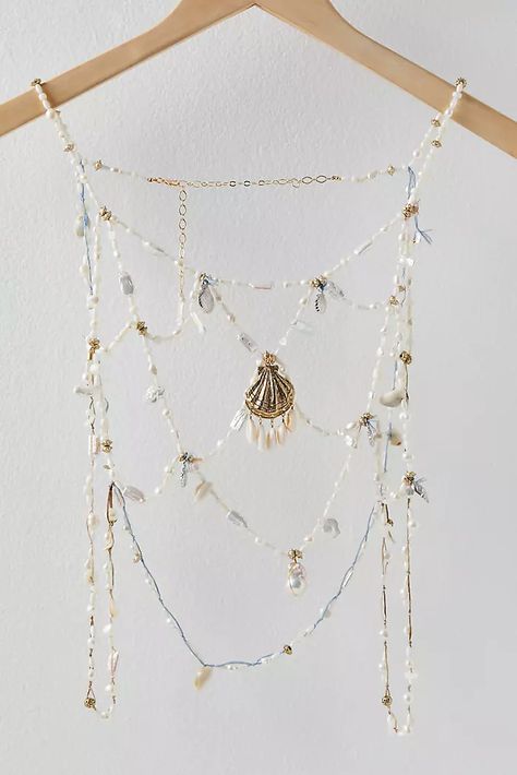 Fashion Jewelry | Boho Jewelry, Necklaces + More | Free People Mermaid Body Jewelry, Shell Accessories Diy, Jewelry Hanger Diy, Sea Jewelry Aesthetic, Shell Clothes, Mermaid Shell Top, Beaded Body Chain, Siren Style, Pearl Waist Chain