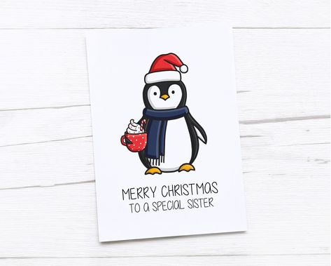 This cute, illustrated card is perfect for Christmas this year for your sister. The design is printed on 250gsm premium quality craft card, with a smooth finish. The card measures 105 x 148mm (A6) and comes with a white 100gsm envelope. The card is also blank inside for you to write your own personal message.  This product will arrive packed in a clear bio-degradable / compostable sleeve, within a sturdy envelope to ensure it reaches you in perfect condition.   Any 5 Cards for £10  Never miss an Merry Christmas Penguin, Happy Christmas Card, Cute Christmas Cards, Unique Birthday Cards, Christmas Card Art, Craft Card, Christmas Card Crafts, Dad Cards, Diy Christmas Cards