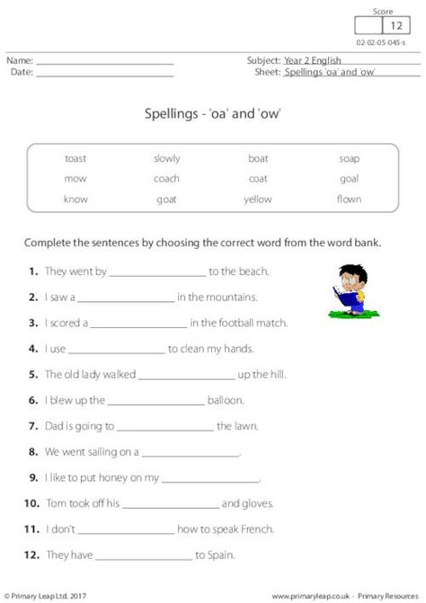 PrimaryLeap.co.uk - Spellings - 'oa' and 'ow' Worksheet Teaching Kindergarten Writing, Year 2 English, Singular And Plural Words, Capital Letters Worksheet, Rhyming Words Worksheets, Conjunctions Worksheet, Compound Words Worksheets, Rhyming Worksheet, Digraphs Worksheets