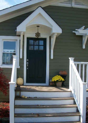 I want a black craftsman style front door. We have a transom above our current door. I LOVE that porch light, too! Craftsman Front Door, Front Door Overhang, Door Overhang, Cottage Front Doors, Craftsman Cottage, Exterior Stairs, Door Awnings, Side Porch, Black Doors