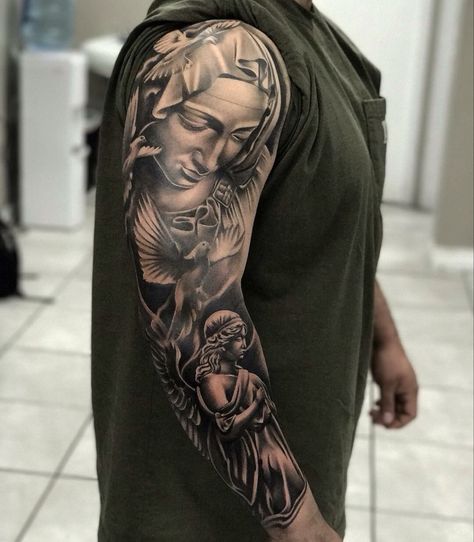 Juncha Tattoo, Pieta Tattoo, Jesus Tattoo Sleeve, Religous Tattoo, Religious Tattoo Sleeves, Mother Mary Tattoos, Maria Tattoo, Catrina Tattoo, Mary Tattoo