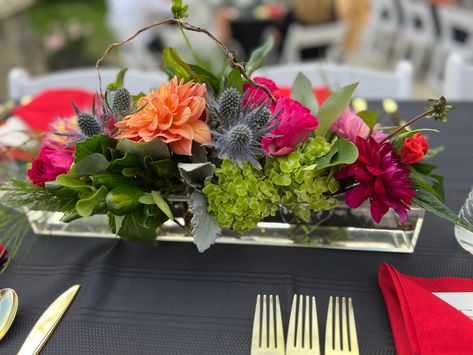 Dahlias roses fairy lights in rectangular acrylic vase Table Decorations Rectangle, Rectangle Flower Vase, Low Rectangular Centerpieces, Rectangular Vase Flower Arrangements, Clear Acrylic Flower Vase Rectangular Floral Centerpiece, Rectangle Vase Flower Arrangement, Rectangular Flower Arrangements, Rectangle Flower Arrangement, Rectangle Centerpieces