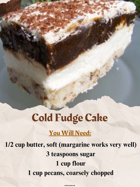 Cold Fudge Cake - OMG Ingredients 1/2... - Grandma's Recipes Whipped Cream Topping, Cake Mix Desserts, Grandma's Recipes, Chocolate Fudge Cake, Fudge Cake, Grandmas Recipes, Quick Breads, Instant Pudding, Desserts Recipes