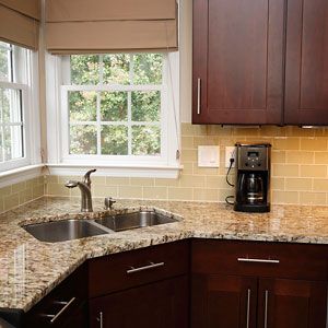 Subway Tile Backsplash | Light Beige Glass Subway Tile in Almond | Modwalls Lush 3x6 Tile Corner Kitchen Sink Ideas, Corner Kitchen Sink, Kitchen Backsplash Ideas With Dark Cabinets, Corner Sink Kitchen, Kitchen Sink Design, Sink Kitchen, Corner Sink, Granite Countertop, Kitchen Corner