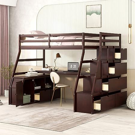 Hlcodca Twin Size Loft Bed with 7 Drawers,2 Shelves and Desk,Versatile Wooden Loft Bed with Stairs for Kids Teens Adults (Espresso//UU) Shelves And Desk, Trundle Bed With Storage, Whimsical Bedroom, Loft Bed Frame, Twin Size Loft Bed, Twin Loft Bed, Bed Storage Drawers, Beds And Headboards, 2 Shelves